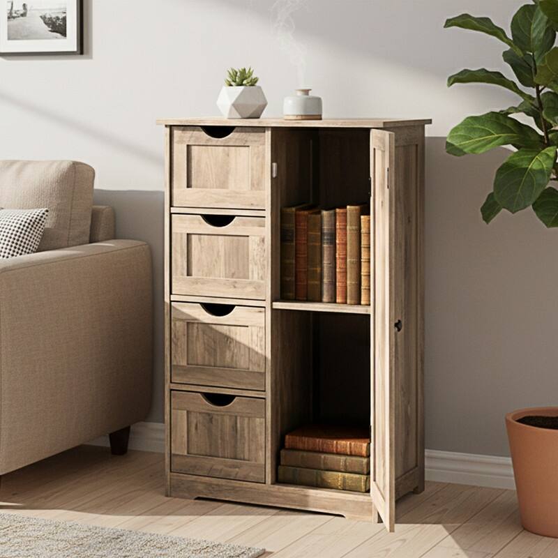 Black Bathroom Storage Cabinet with 4 Drawers and 1 Door