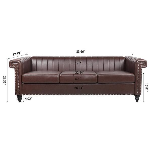 Removable Cushion Couch PU 3 Seater Sofa w/ Nailheads Square Arm, Brown