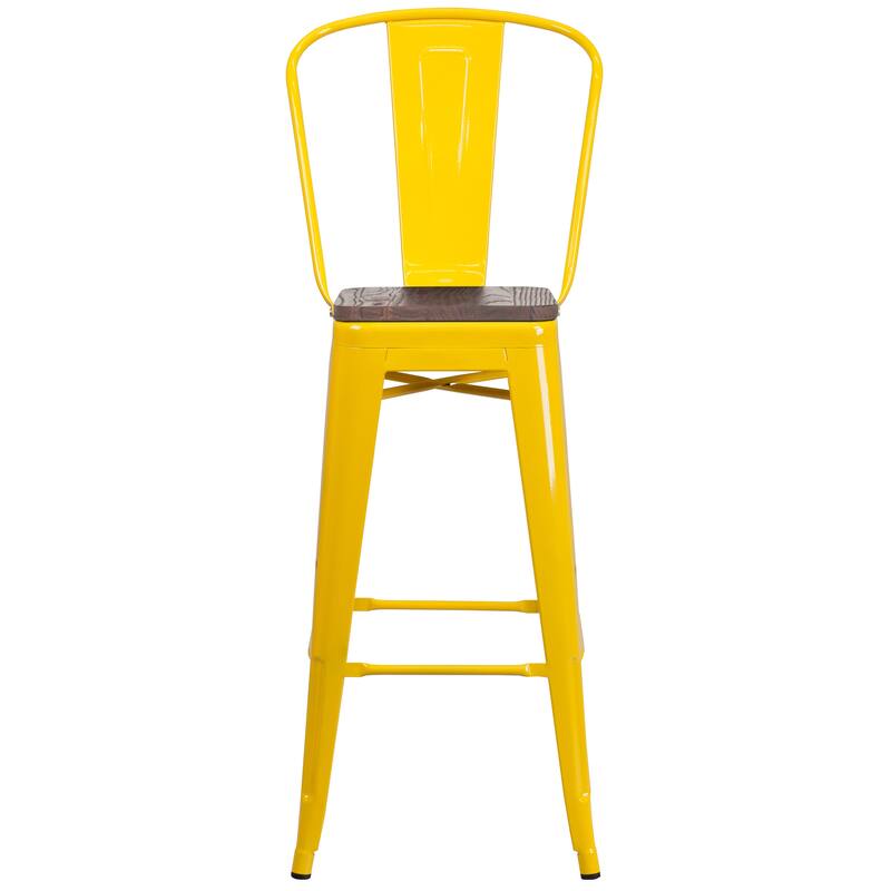 30" High Metal Barstool with Back and Wood Seat - 17.75"W x 20"D x 45.25"H