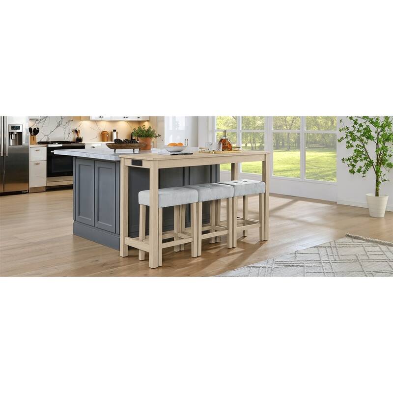 59" Counter Height Bar Table Set with Power Outlet, Industrial Breakfast Table with 3 Stools, 4 Piece Bar Table and Chairs Set