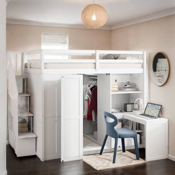 slide 2 of 17, Full Size Bunk Bed with Wardrobe, Desk and Shelves, White White