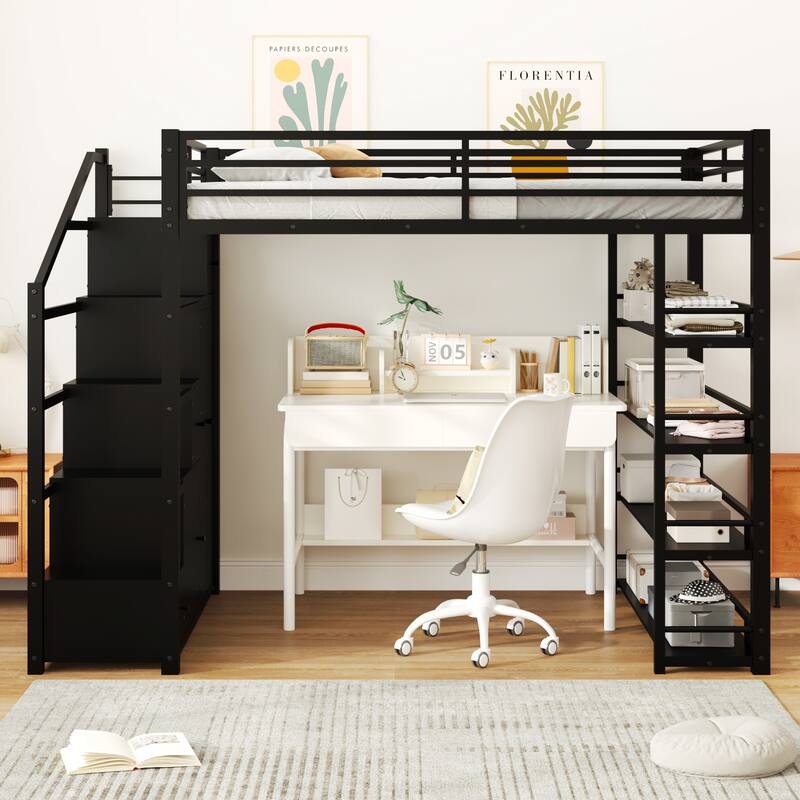 Full Size Metal Loft Bed with Storage Shelves Cabinets Wardrobe Black