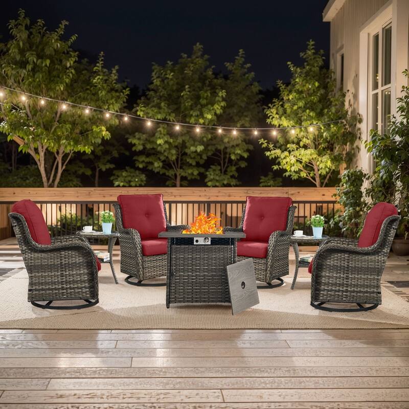 Gymojoy 7-Piece Outdoor Fire Pit Conversation Set with 4 Swivel Chairs & 2 Side Tables - Grey Wicker / Red Cusion - 7-Piece