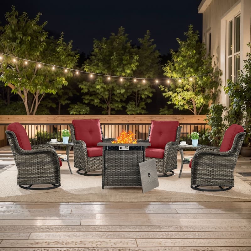 Pocassy 7 Pieces Fire Pit Table with Swivel Chairs Table - Grey Wicker Red Cushion - 7 Pieces Swivel Chair with Fire Table