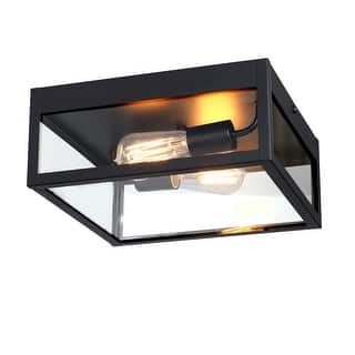 2-Light 12-in Matte Black Outdoor Flush Mount With Clear Glass Shade