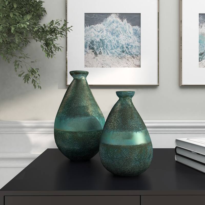 Glass Blown Teardrop Decorative Vase - Set of 2 Gold, Green, Gray - Roche River Decor