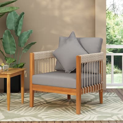 Acacia Wood Outdoor Club Chair with Handwoven Rope Accents & Curved Backrest - Water-Resistant Boho Patio Lounge Chair