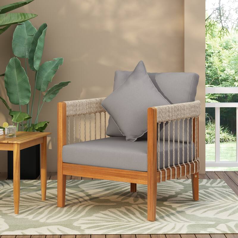 Acacia Wood Outdoor Club Chair with Handwoven Rope Accents & Curved Backrest - Water-Resistant with Removable Cushions - Grey