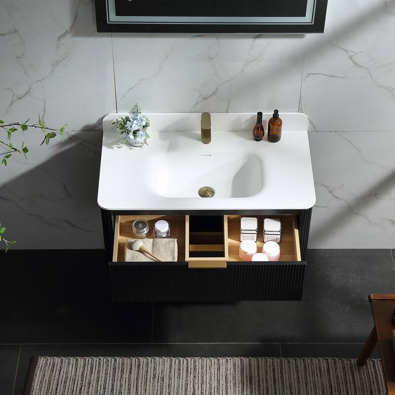 Modland Fluted Floating Vanity with Sink, Plywood Wall Mount Cabinet, Curved Edge, 24/30/36 Inch