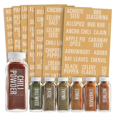 134 Kitchen Spice Jar Labels, Preprinted Bold White Letters on Clear Stickers