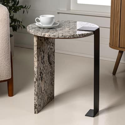 Felix 20.66" Contemporary Natural Marble/Metal Handmade Round End Table, Ivory/Black, by JONATHAN Y.