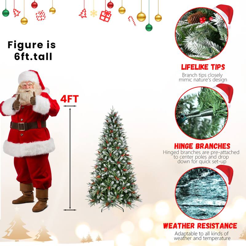Artificial Christmas Tree - Snow-Dusted PE+PVC Branches, Red Berries, Pine Cones, Hinged Design, Metal Stand - Green,White