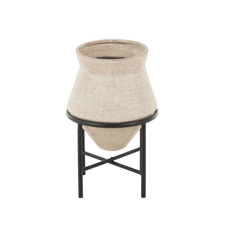 Metal Wide Vase with Black Metal Stands - Beige or Brown - Roche River Decor