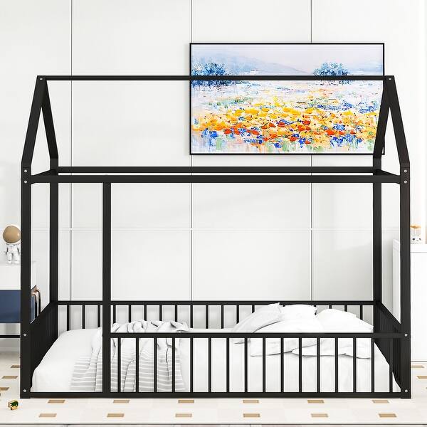 slide 2 of 22, Full Size Metal Bed House Bed Frame Kids Playhouse Beds with Fence Black - Full
