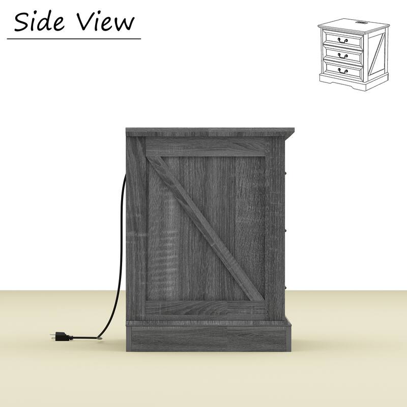 Farmhouse Nightstand with Charging Station, 3 Drawer Bedside Table with 2 AC Outlets & 2 USB Ports, Rustic Wood End Table