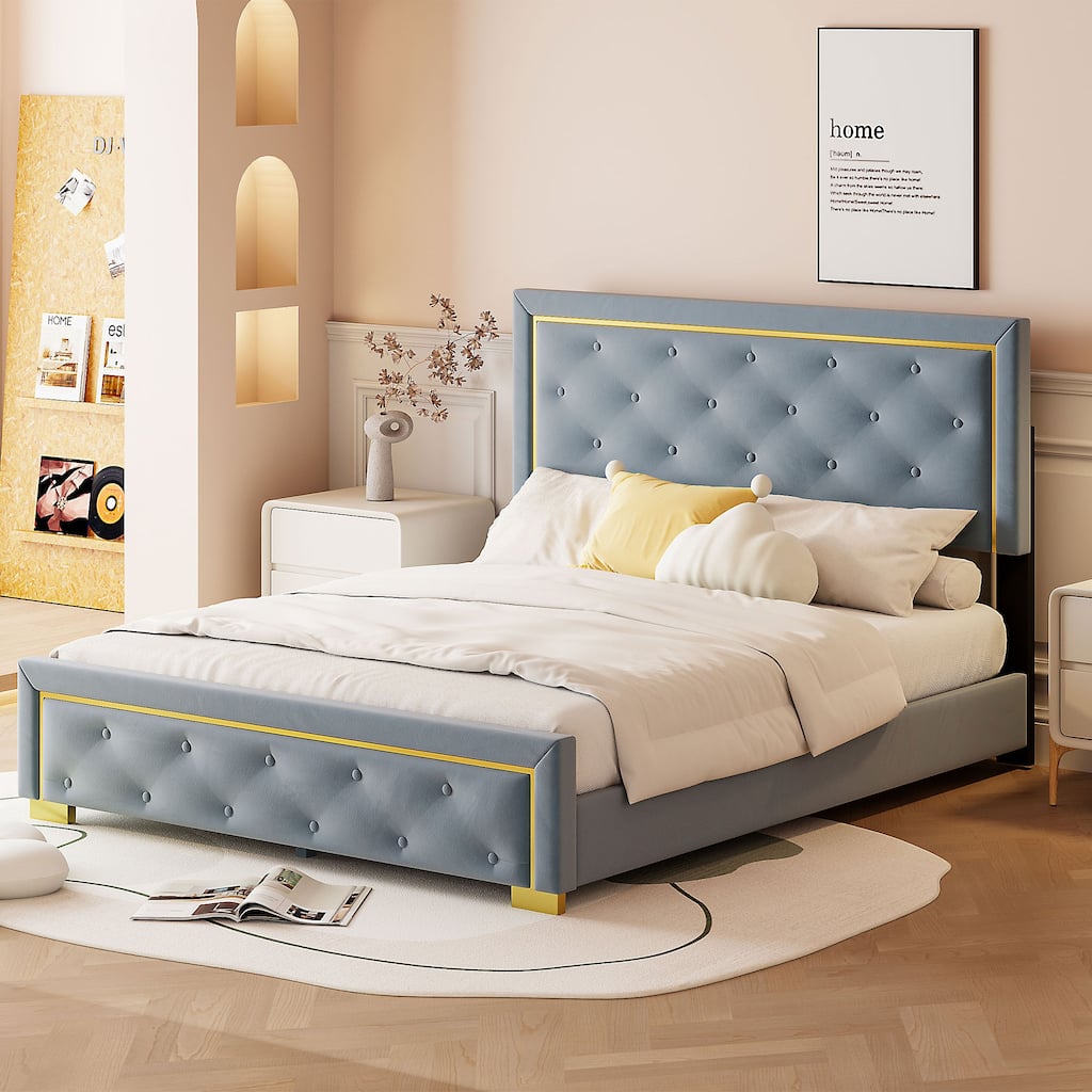Queen Size Velvet Upholstered Bed Frame with Tufted Headboard, Metal Wire Accents and Legs, Modern Platform Design