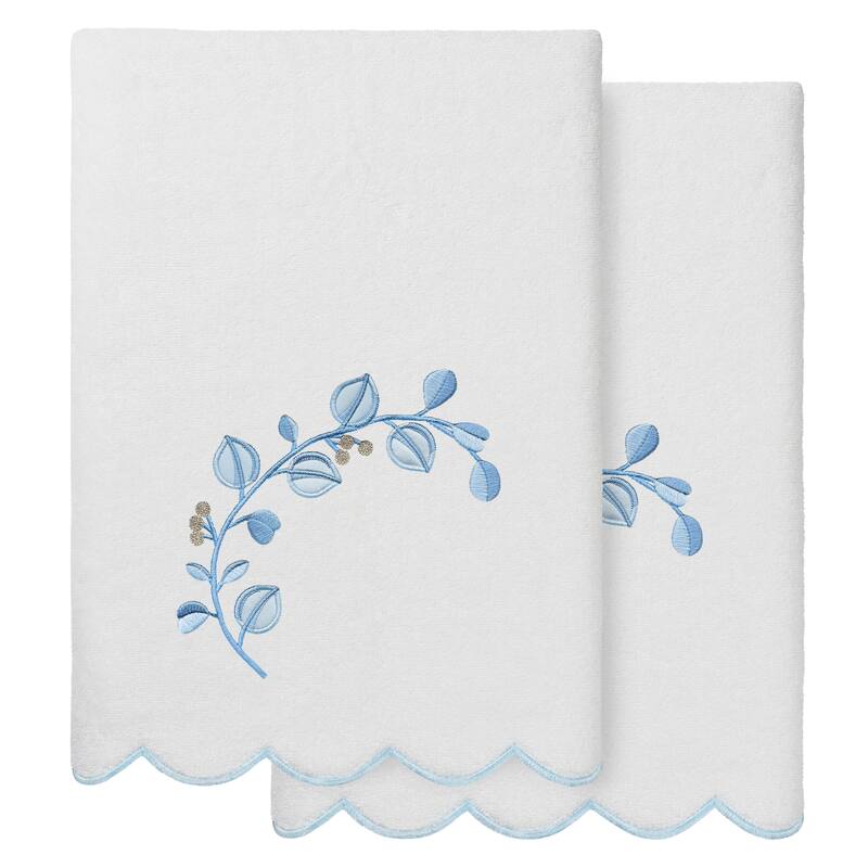 Authentic Hotel and Spa 100% Turkish Cotton WILD BRANCH Scallop Embellished Towel Collection - White/Blue - 2 Bath Towels