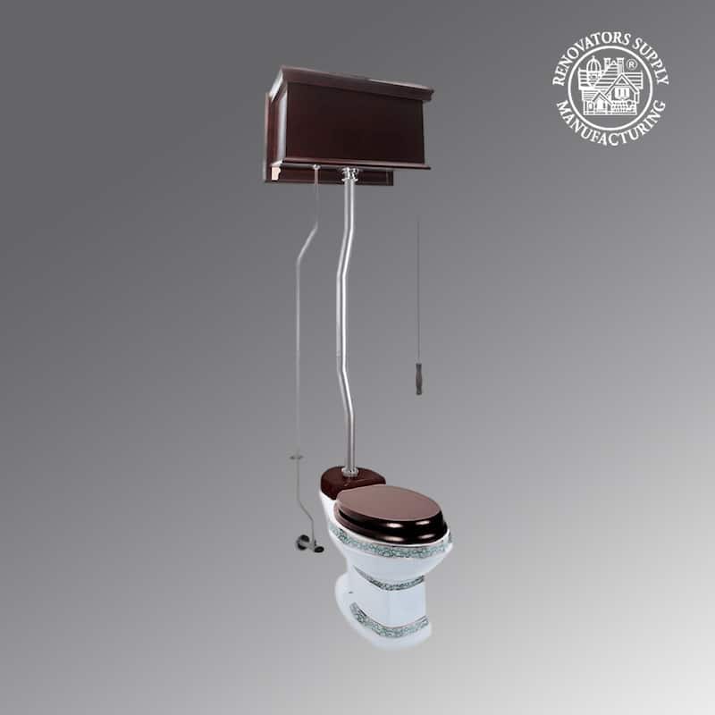 High Tank Pull Chain Toilet Dark Oak Wooden Flat Tank 59" to 74" Chrome Z Pipe and Elongated White Bowl Renovators Supply