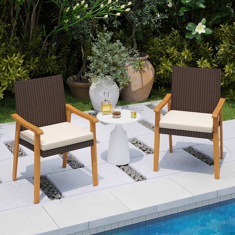 Gymax Patio Dining Chair 2 PCS w/Cushion Wood Armrests Metal Frame for