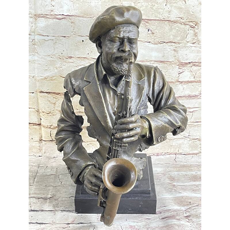 Bronze Sculpture Statue Of African American Black Jazz Saxophone Musician, Signed