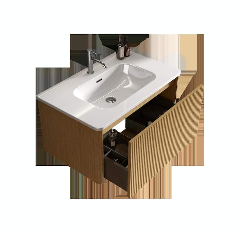 30" Striped Bathroom Vanity with White Ceramic Sink, Wall Mounted Floating Vanity