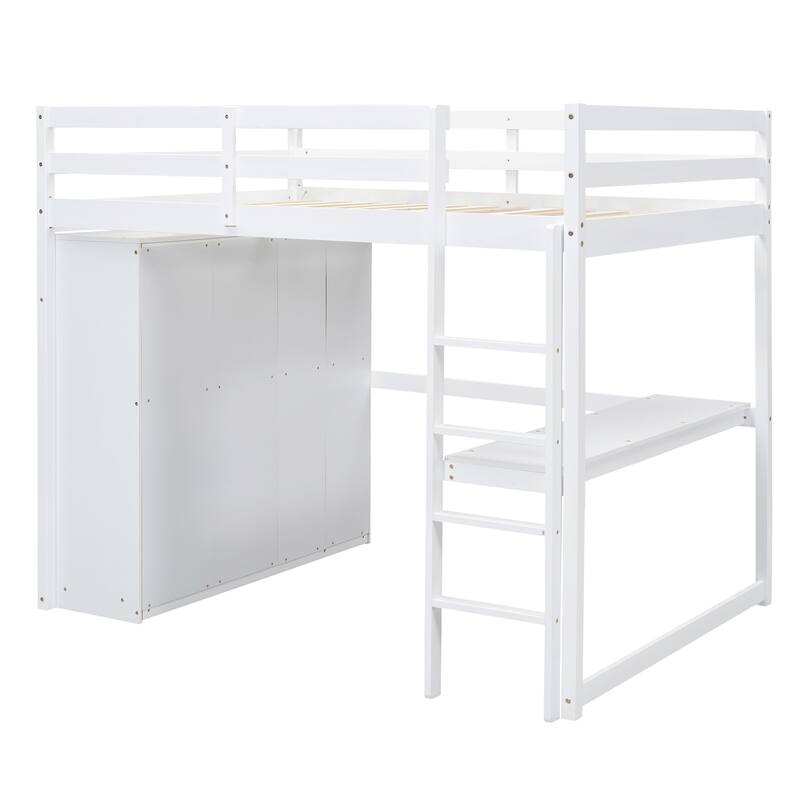 Full Size Loft Bed with Wardrobe, Desk, Storage Shelves, and Drawers in White