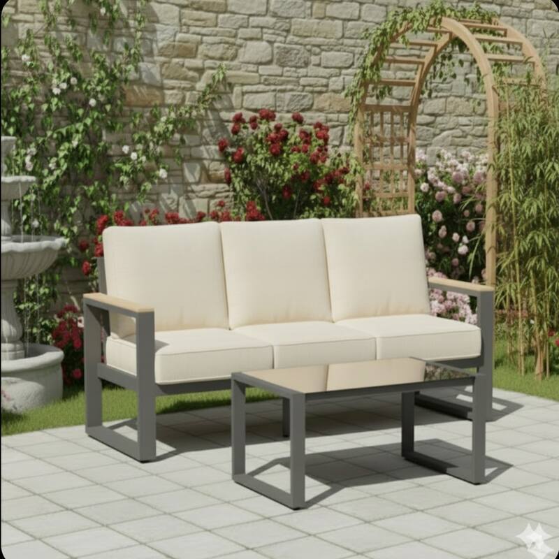 75" 3-Seat Aluminum Patio Sofa with Thick Beige Cushions Glass Coffee Table
