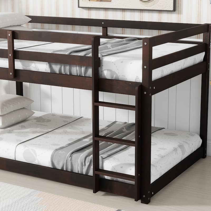 Espresso Twin over Twin Size Solid Rubber Wooden Loft Bed with Ladder, Platform of Strengthened Slats