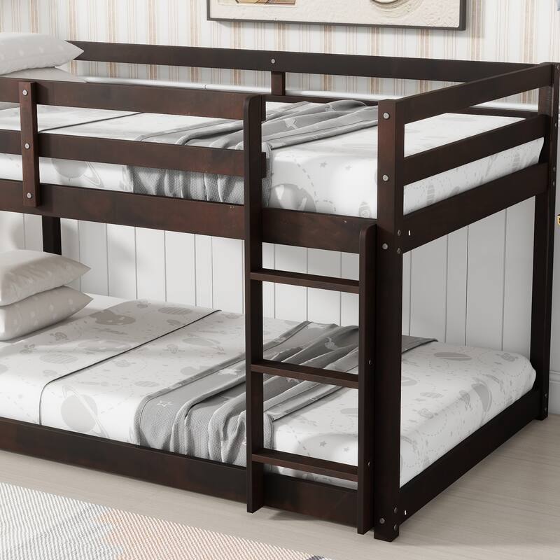Solid Rubber Wood Twin over Twin Floor Bunk Bed with Ladder, Espresso Finish