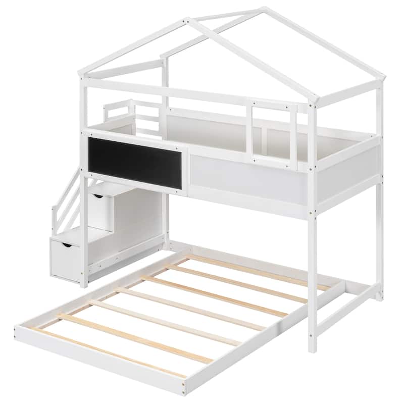 Twin Over Full Bunk Bed with Roof, Window, Storage Stairs, and Blackboard, Grey/White