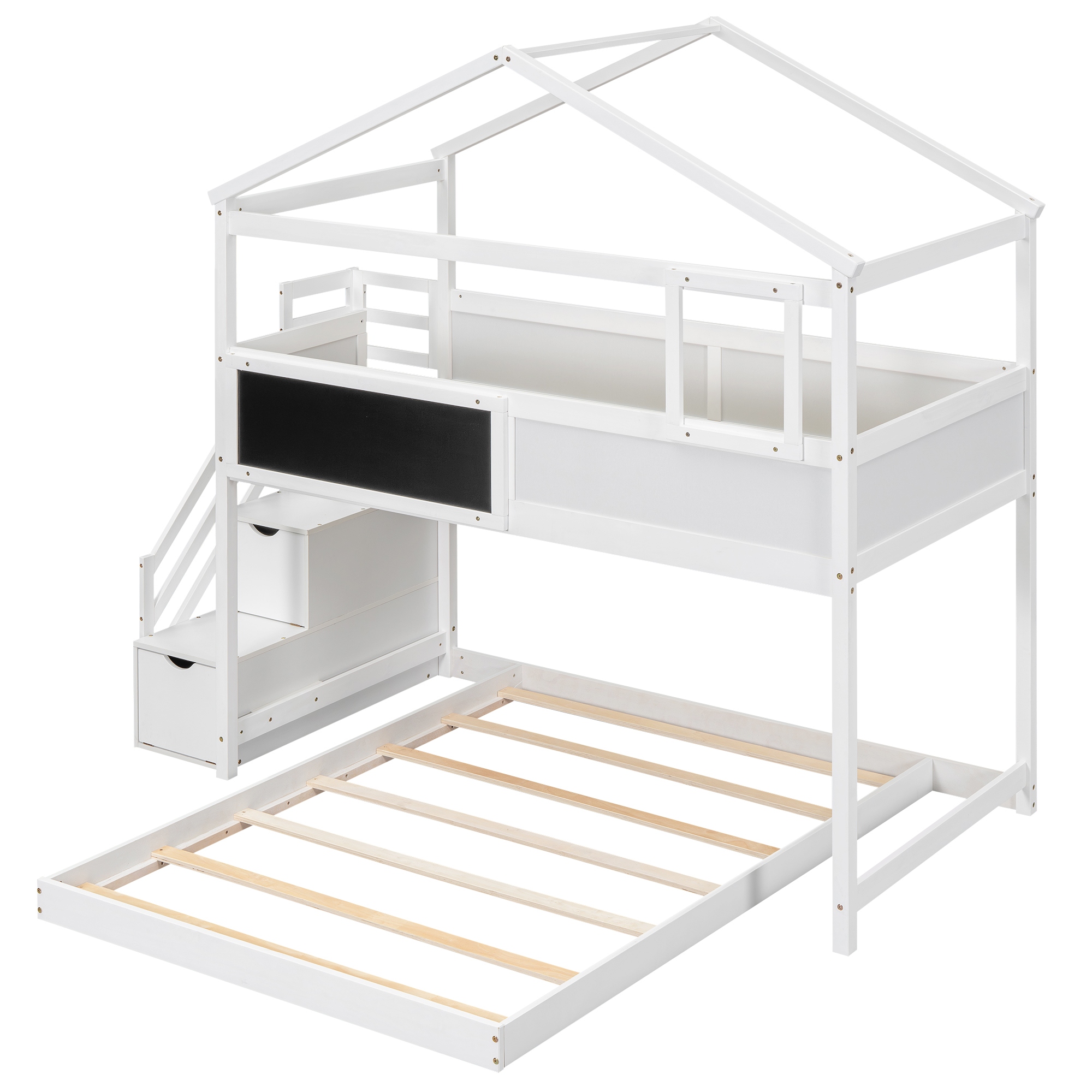 Twin Over Full House Bunk Bed With Storage Staircase And Blackboard