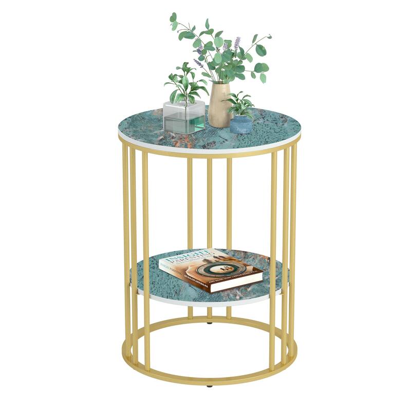 End Table 2-Tier Round Side Accent Table with Sintered Stone Tabletop - 15.7x15.7x21.3 inch