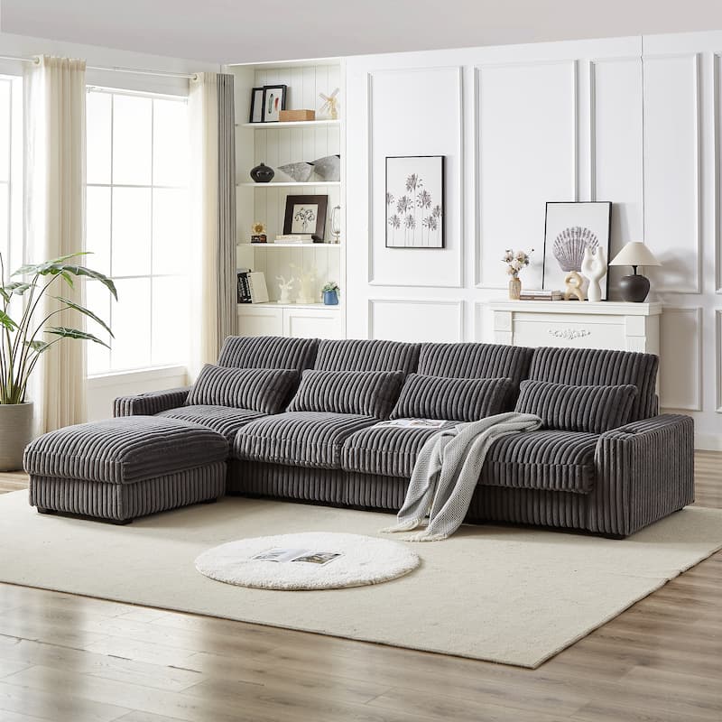 Super Large 126-Inch Corduroy L-Shaped Sofa with Cup Holders, USB Port, Movable Footrest, and 8 Cushions.