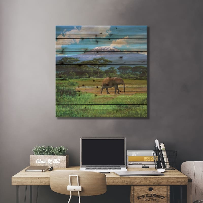 A Lone African Elephant With Mount Kilimanjaro In The Background, Amboseli National Park, Kenya Print On Wood by Miva Stock