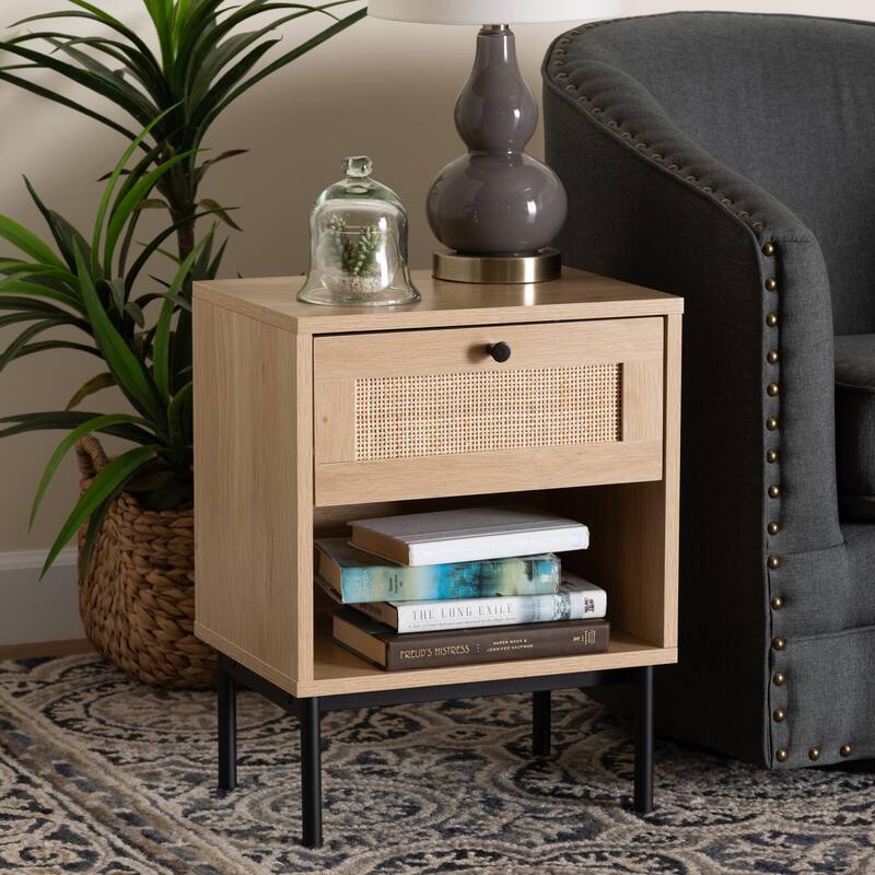 Sherwin Mid-Century Modern Light Brown and Black 1-Drawer End Table with Woven Rattan Accent