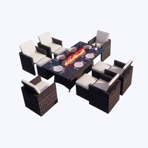 Luxury style Dark Brown Wicker 11-piece Outdoor Gas Fire Pit Dining Set