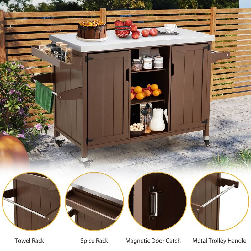 EROMMY Outdoor Kitchen Island on Wheels, Solid Cedar Wood Grill Cart with 201 Stainless Steel Top & 3‑Tier Storage - Wood Color