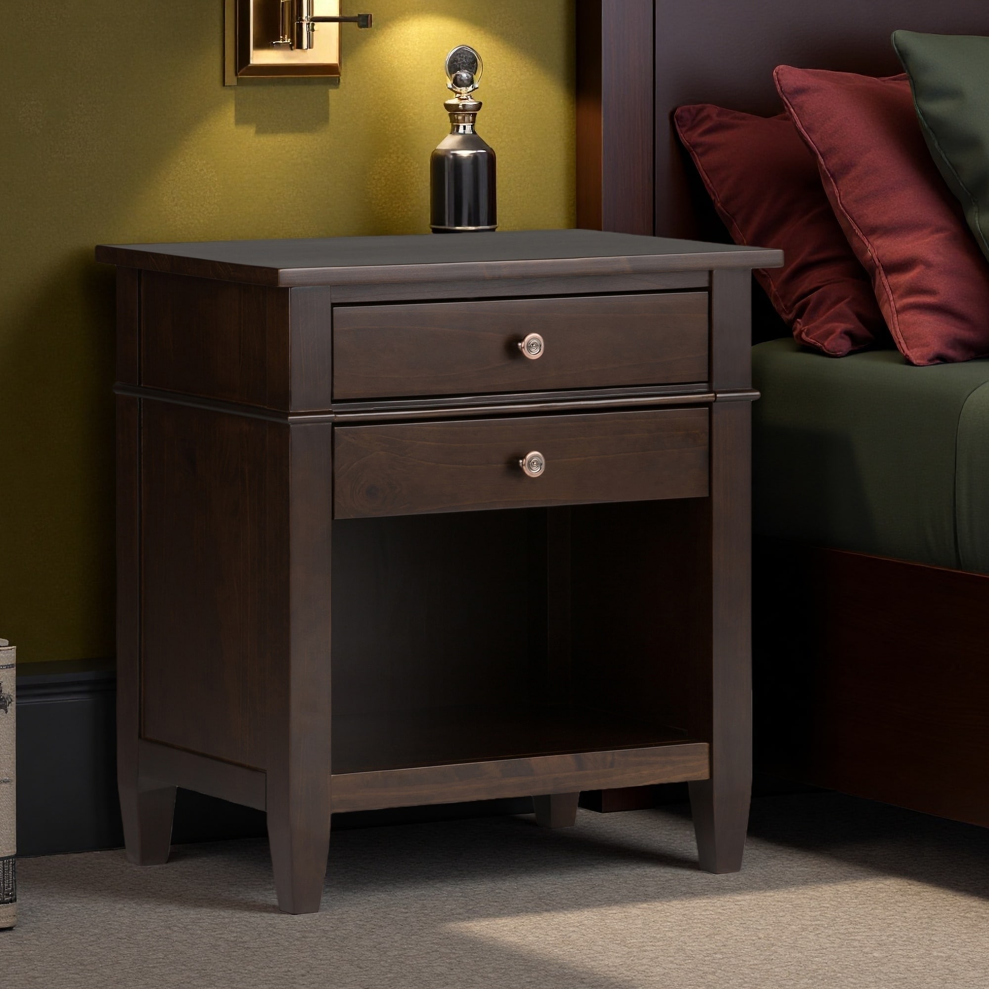 24"L Solid Wood Bedside Table, 2-Drawer Nightstand with Open Bottom Storage, Transitional Design