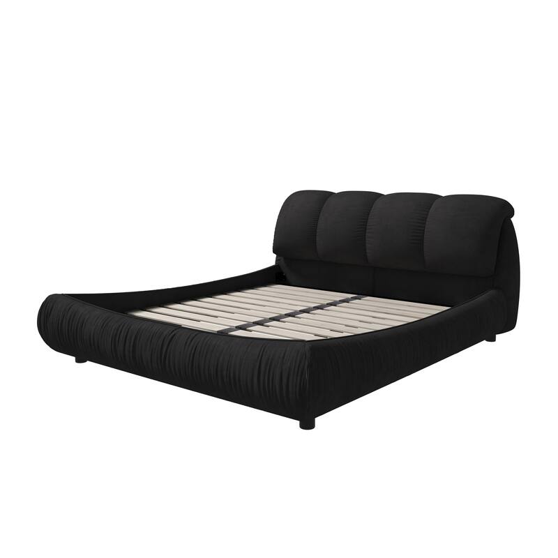 Queen Size Upholstered Platform Bed with Cushioned Headboard - Sturdy Solid Wood Frame.