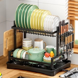 360° Swivel Black 2 Tier Rustproof Dish Drainer Rack with Drip Tray and ...