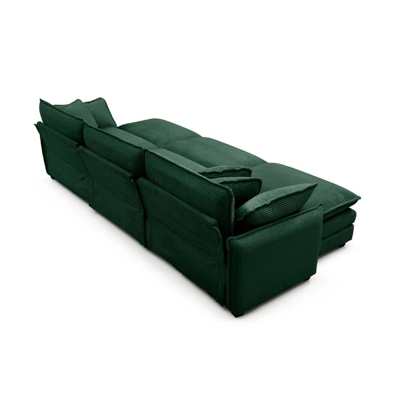 Green 6-piece Corduroy Upholstered Modular Sleeper Sectional Sofa with 3 Removable Ottoman and 5 Pillows, Free Combination