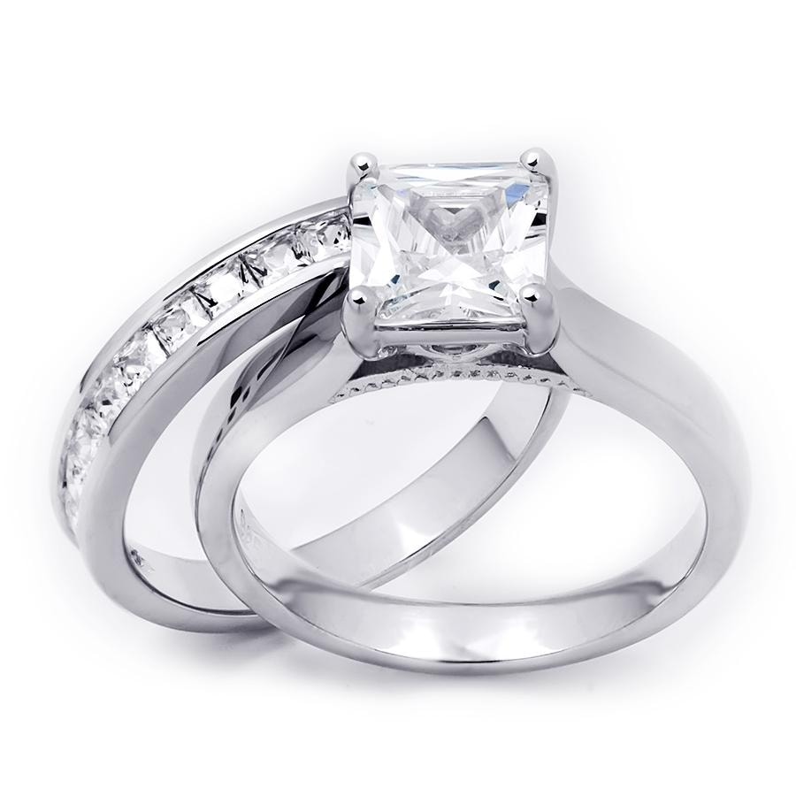 MayaMila 3.0 Carat Princess Cut Wedding Band Engagement Ring Set Bridal Silver