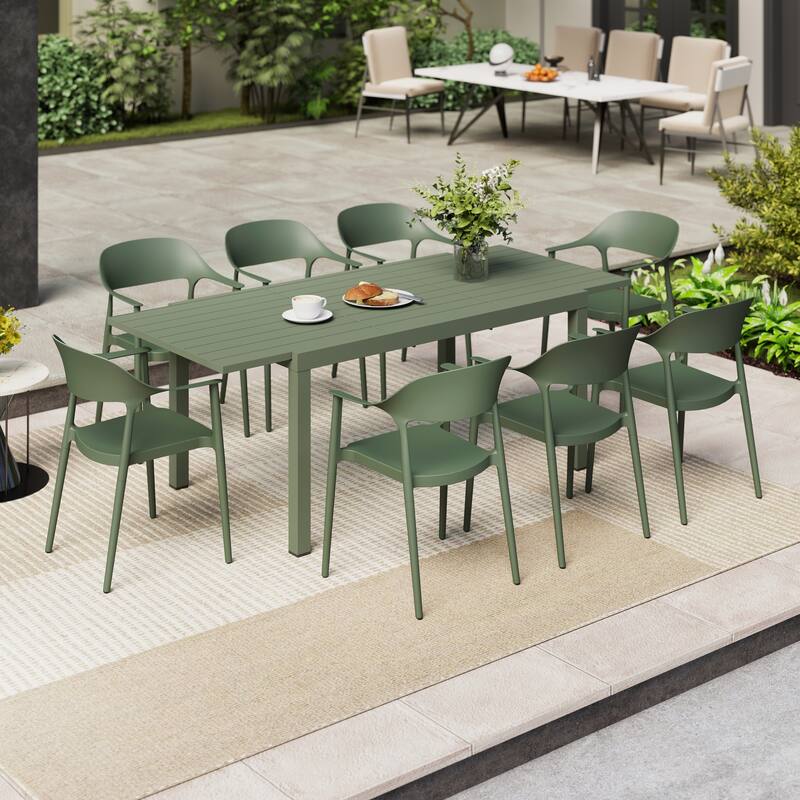 Outdoor Dining Set 9-Piece Stackable Plastic Lightweight Curved Backrest Armchair and Extendable Dining Table