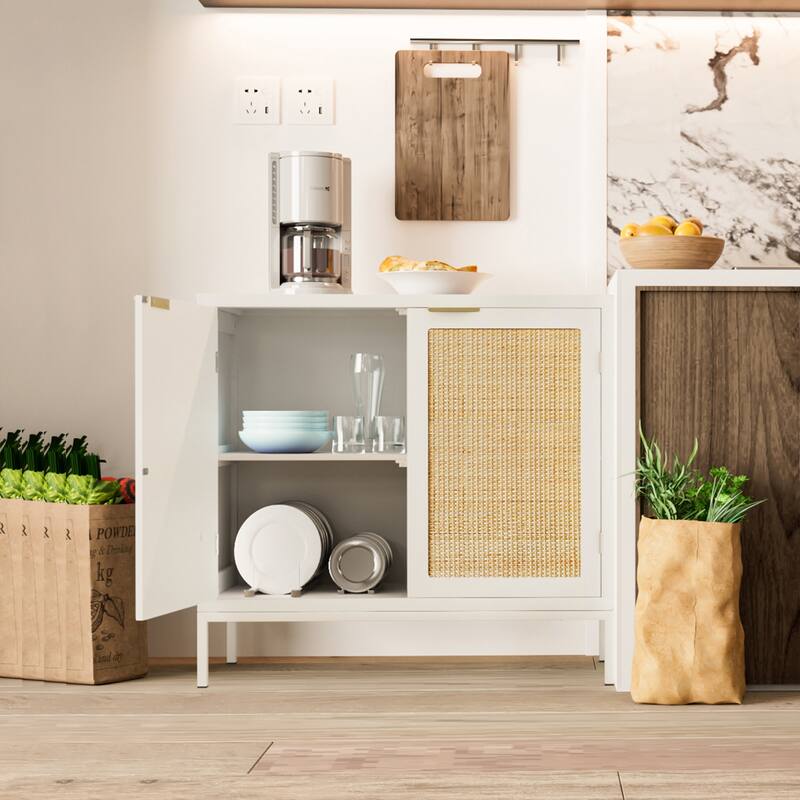Anmytek White Wood Rattan Sideboard Buffet Kitchen Storage Cabinet with 2 Doors