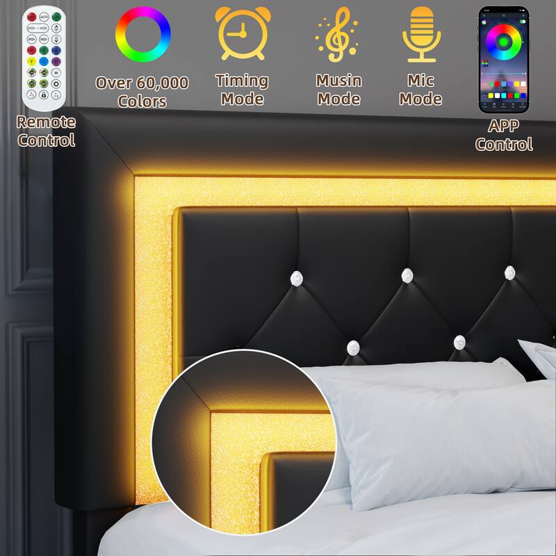 Full Size Bed Frame with Headboard, Floating Bed Frame with LED Lights, Upholstered Platform Bed with Diamond Tufted Headboard