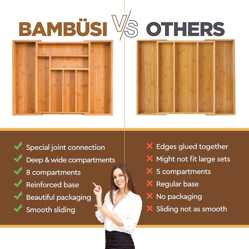 Expandable Silverware Organizer - Bamboo Kitchen Drawer Organizer, Utensil Holder - Drawer Organization and Storage