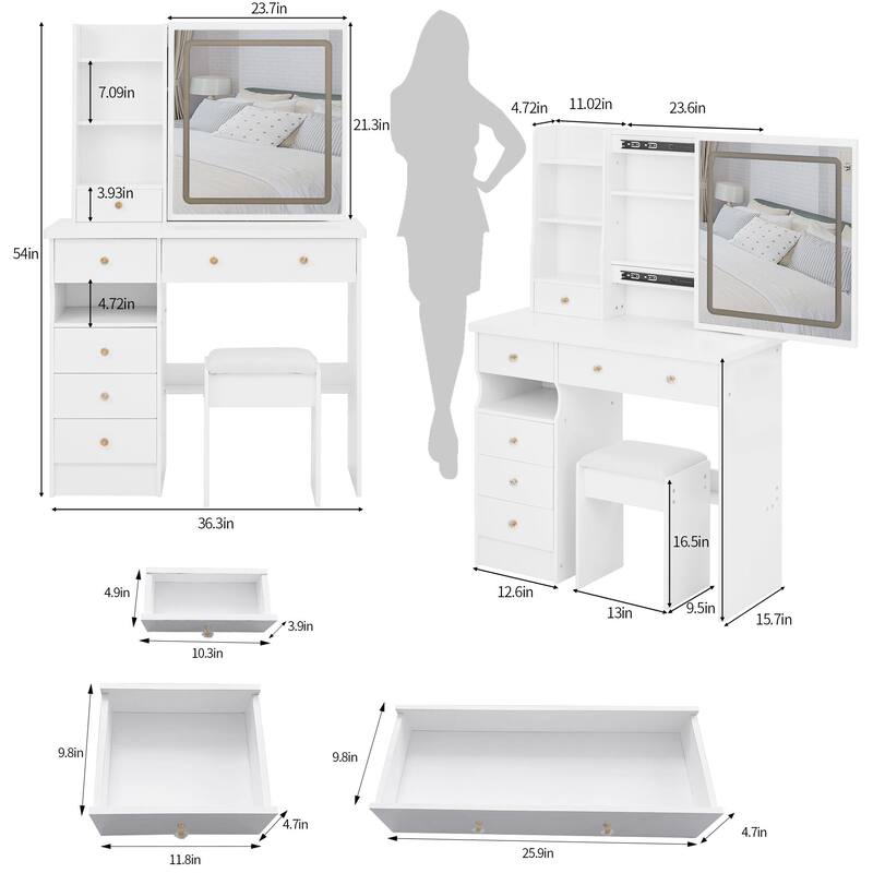 Middle Size Left Drawer Desktop Vanity Table + Cushioned Stool,Touch Control,Tri-color Switching,Brightness Adjust LED Mirror