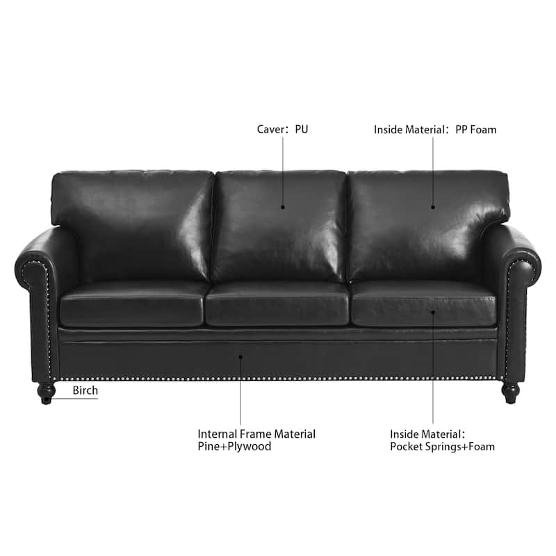 Black Pu 83.86" Upholstered 3-seater Sofa with Nailheads and Birch Feet for Living Room