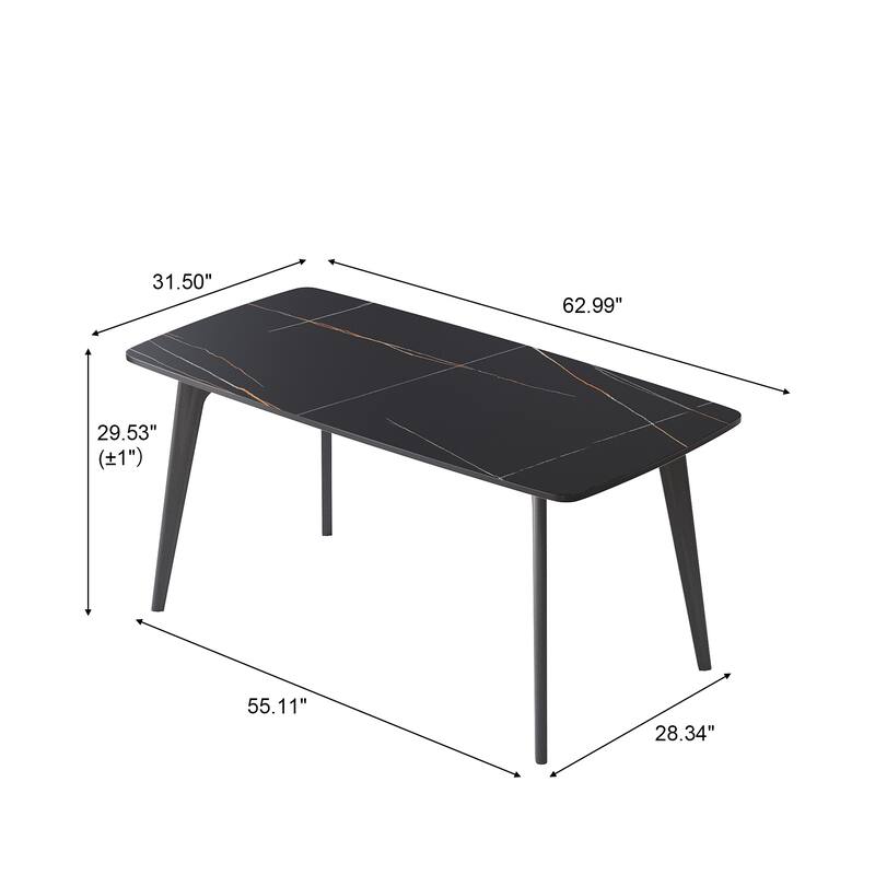 62.99" Modern Artificial Stone Black Curved Edge Black Metal Leg Dining Table-Can Accommodate 6 People(Dining Table Only)
