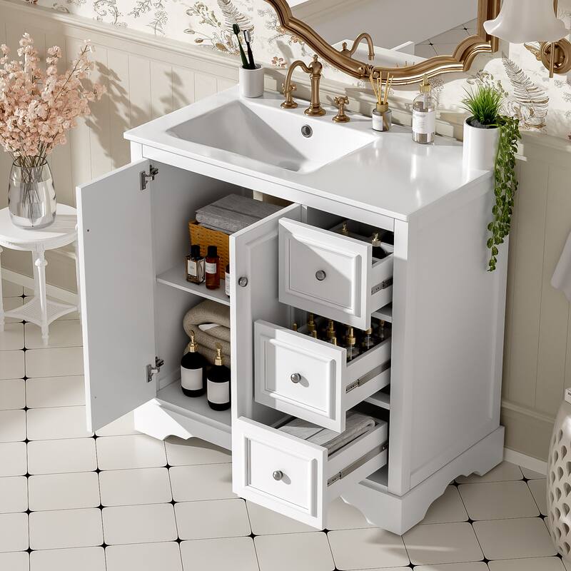36" Transitional Bathroom Vanity with Ceramic Sink - 2 Soft-Close Doors, 3 Drawers (1 Divided), U-Shaped Shelf, Painted Finish - White